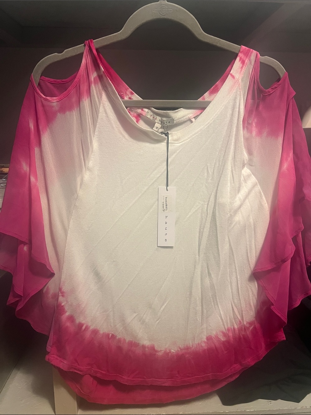 Women's Cold-Shoulder Tie-Dye Flutter Sleeve Top - Pink/White